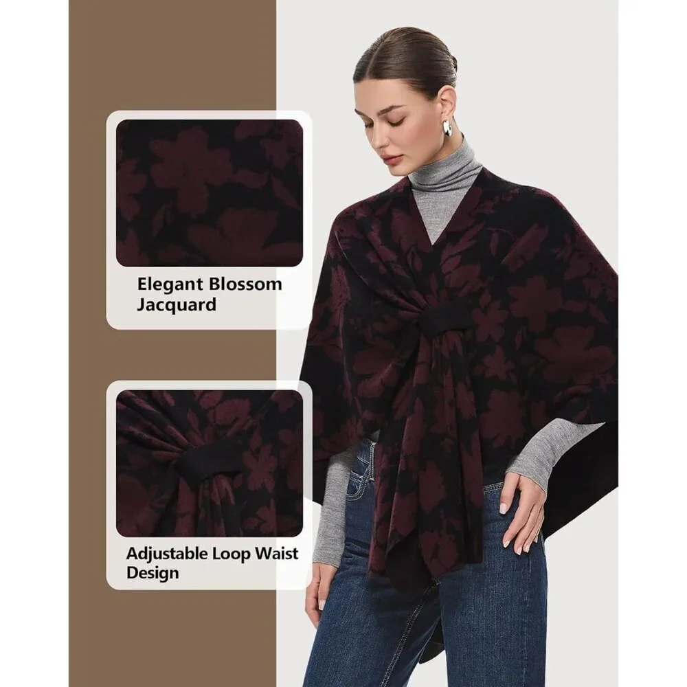 Women's Black Burgundy Elegant Open Poncho Sweater Spring Fall Winter Shawl Wrap